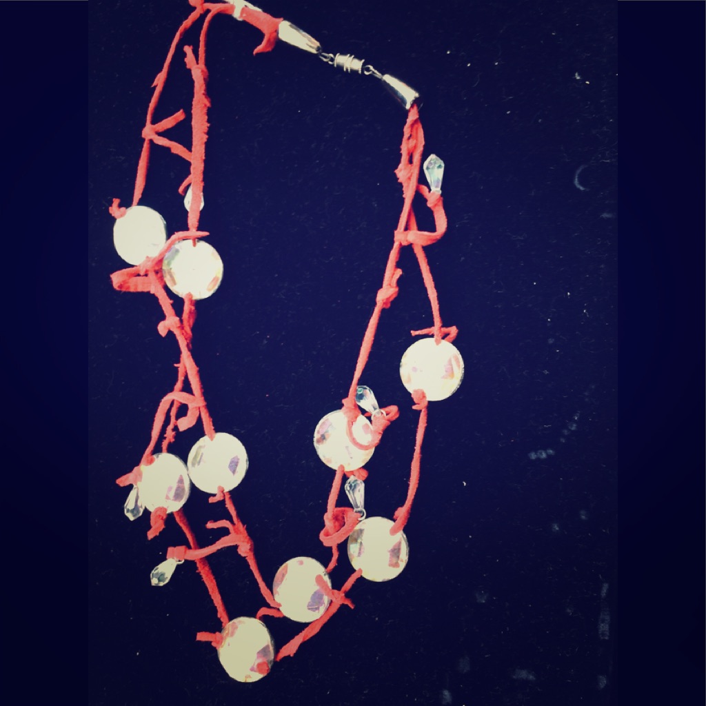 Double Strand Red Suede With Clear Balls Necklace.